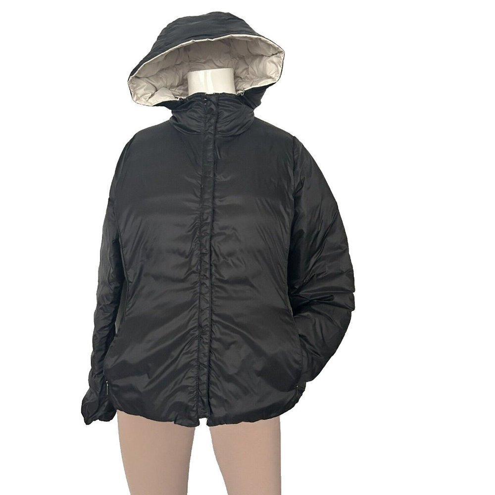 Moorer Women's IT 46 US XL Black Beige Reversible Jacket Down Hood Puffer Coat